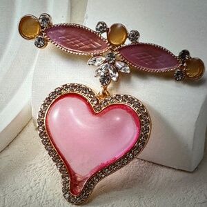 Valentine Pink Heart and Rhinestone Brooch.